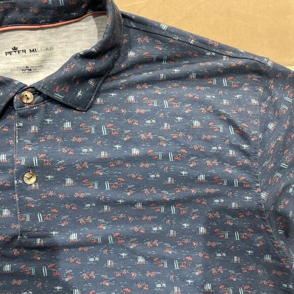 Peter Millar Mens XL Seaside Polo Shirt Beach Ocean Print Pattern Blue - Picture 3 of 7